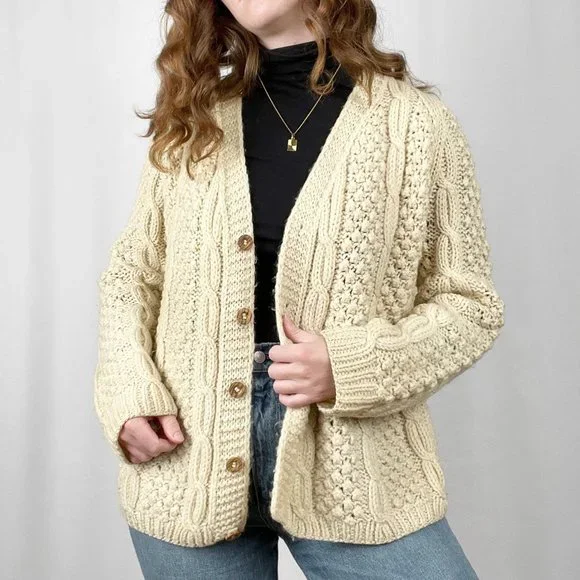 Vintage Hand Knit Oversized Cable Knit Aran Fisherman Cardigan Sweater Grandpa - Picture 2 of 13